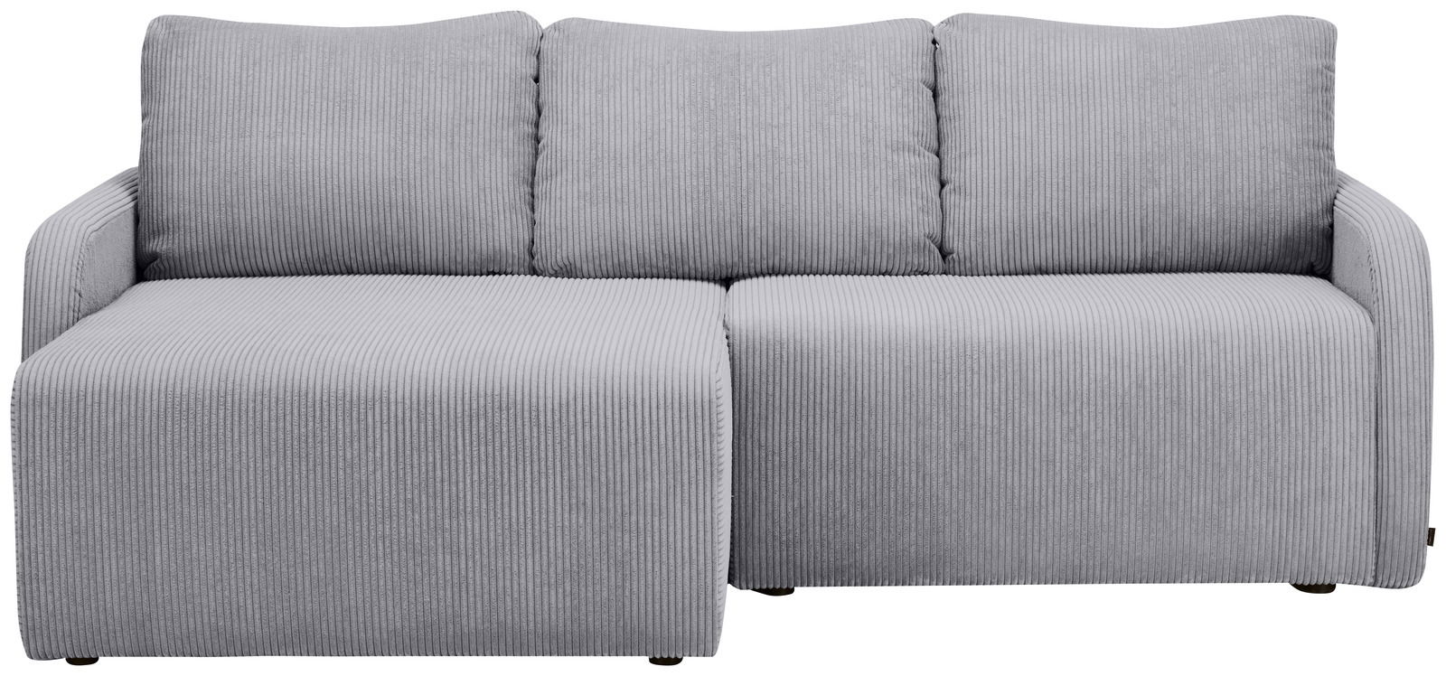 Graues Sofa mit drei Rückenkissen und einer Ottomane auf der linken Seite, Vorderansicht