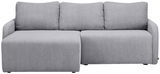 Graues Sofa mit drei Rückenkissen und einer Ottomane auf der linken Seite, Vorderansicht