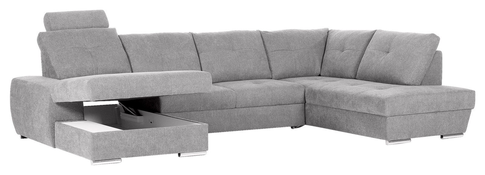 Graues Ecksofa mit verstellbarer Kopfstütze und ausziehbarem Stauraum, Perspektive von vorne links