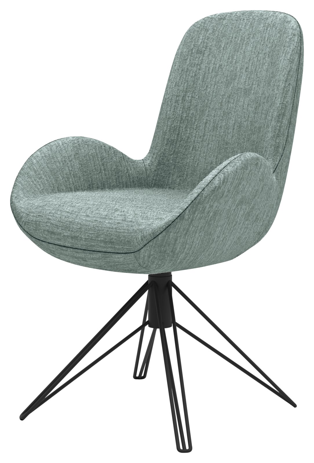 Moderner Armlehnstuhl mit grünem Stoffbezug und schwarzem Metallgestell, seitliche Perspektive