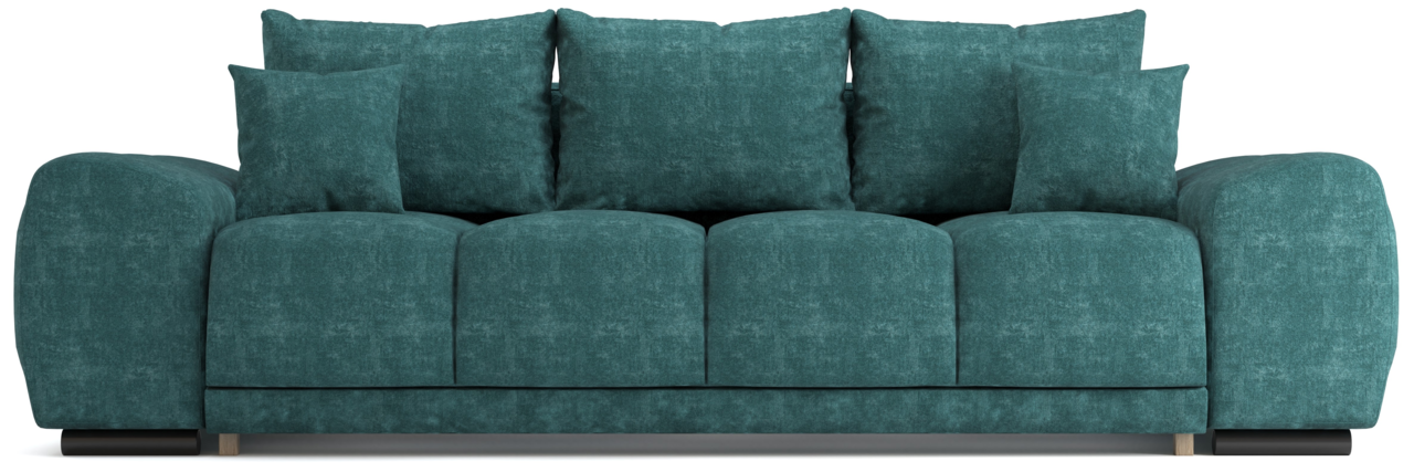 Grünes Funktionssofa mit mehreren Kissen, Vorderansicht