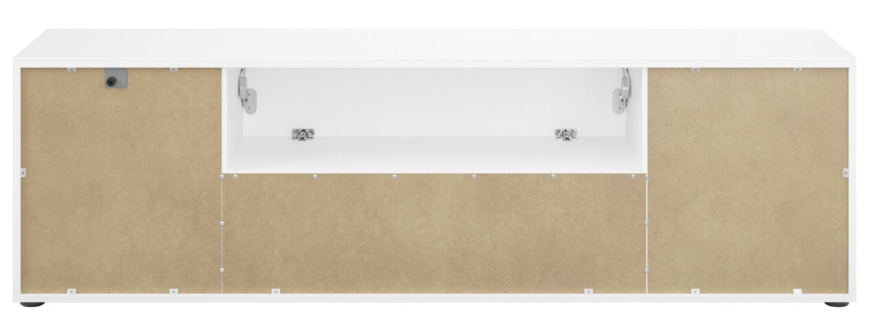 TV-Lowboard STYLE in Frontalansicht mit weißem Korpus und naturfarbenen Türen, offene mittlere Ablage.