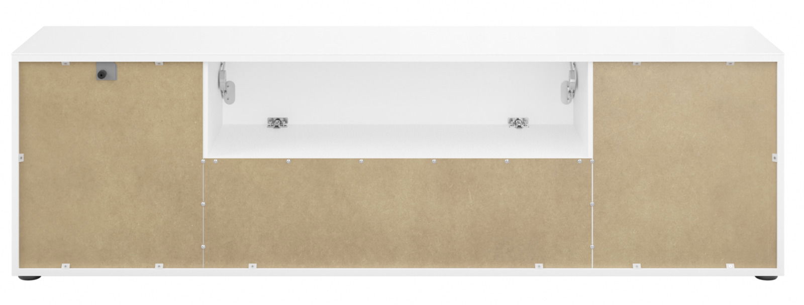 TV-Lowboard STYLE in Frontalansicht mit weißem Korpus und naturfarbenen Türen, offene mittlere Ablage.