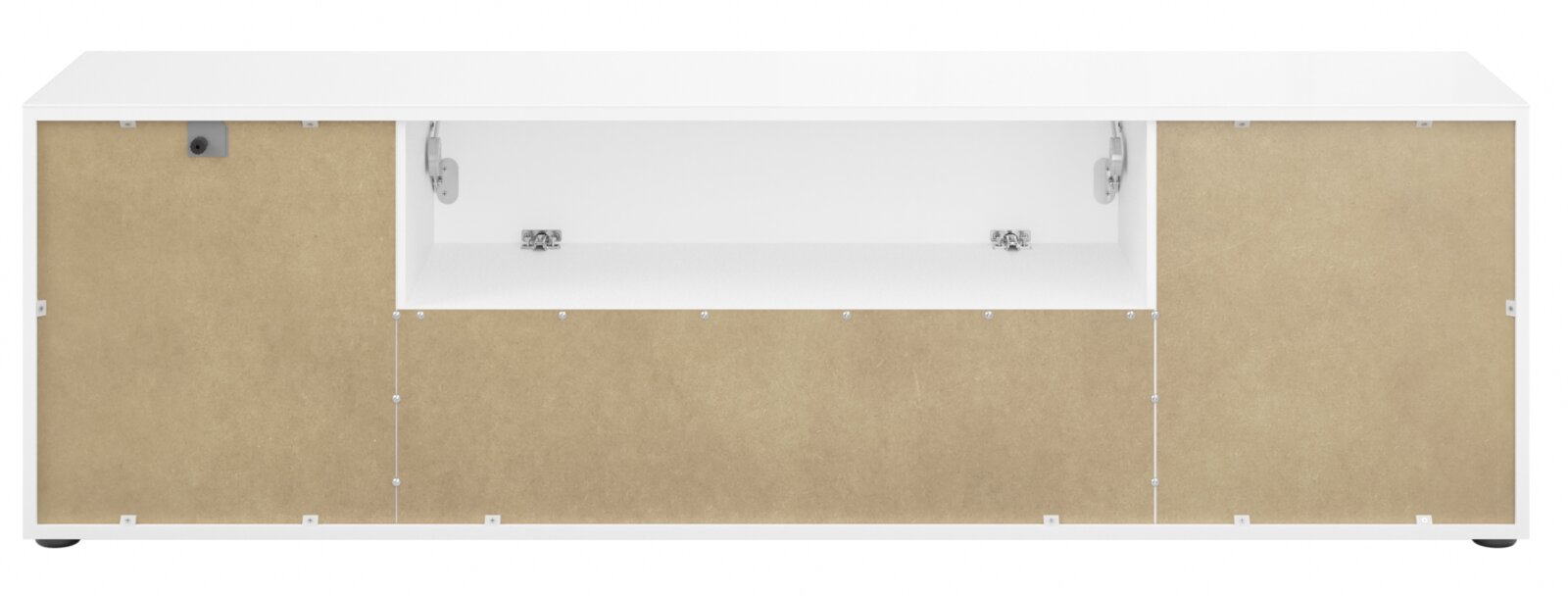 TV-Lowboard STYLE in Frontalansicht mit weißem Korpus und naturfarbenen Türen, offene mittlere Ablage.