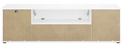 TV-lowboard STYLE in vooraanzicht met witte romp en naturelkleurige deuren, open middenplank.