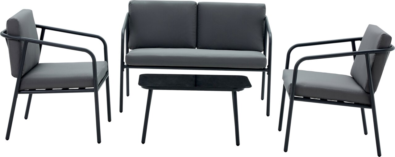 Gartenlounge-Set mit zwei Sesseln, einem Sofa und einem Tisch, frontal betrachtet.