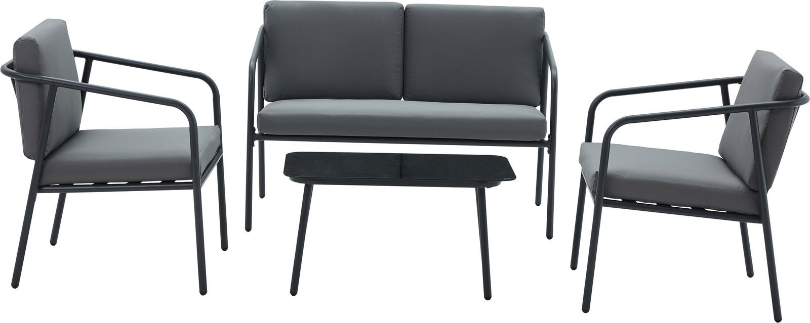 Gartenlounge-Set mit zwei Sesseln, einem Sofa und einem Tisch, frontal betrachtet.