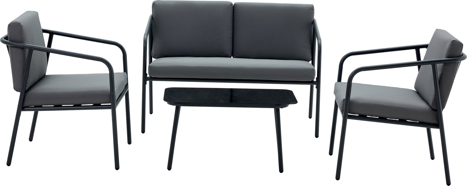 Gartenlounge-Set mit zwei Sesseln, einem Sofa und einem Tisch, frontal betrachtet.
