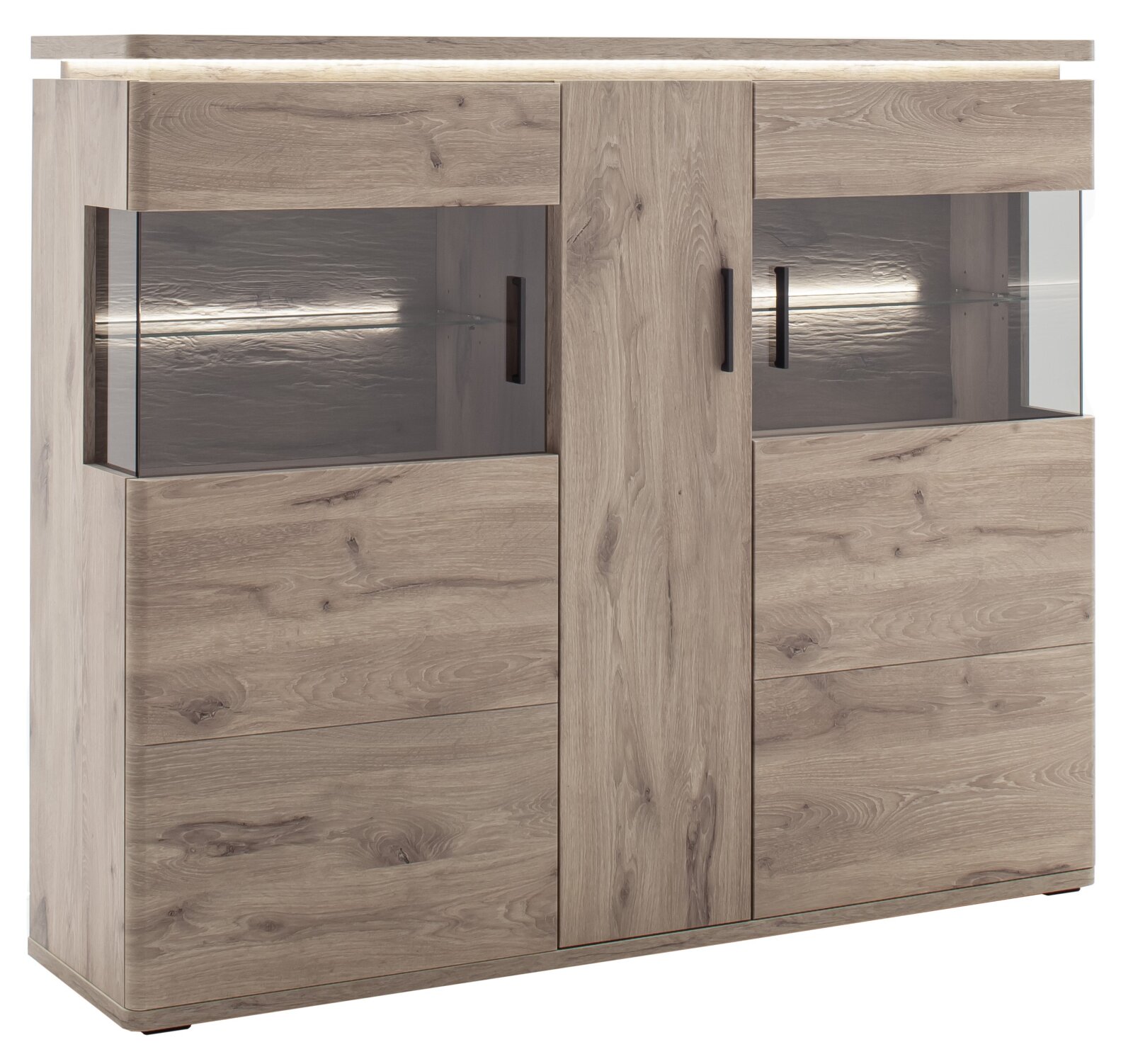 Zurbrüggen Hoogkast MODENA Moderne Highboard-Vitrine in heller Eichenholzoptik mit zwei Glastüren, schwarzen Griffen und integrierter LED-Beleuchtung, Ansicht von vorne