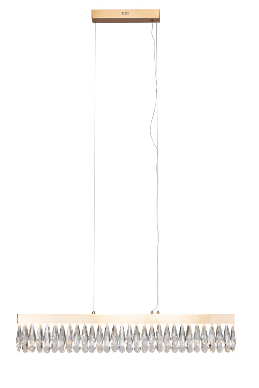 Elegante LED-Pendelleuchte mit Kristallanhängern, seitliche Perspektive