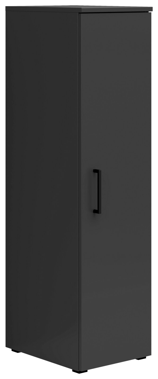Schwarzer Mehrzweckschrank mit einer Tür und Griff, seitliche Perspektive