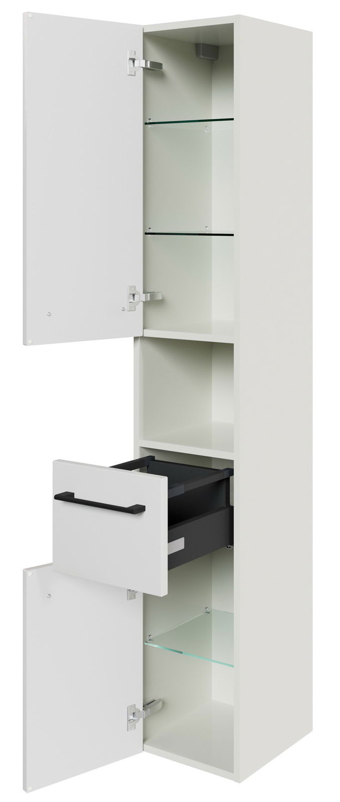 Hochschrank mit zwei offenen Türen und einer ausgezogenen Schublade, seitliche Perspektive