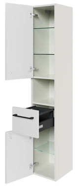 Hochschrank mit zwei offenen Türen und einer ausgezogenen Schublade, seitliche Perspektive