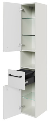 Hochschrank mit zwei offenen Türen und einer ausgezogenen Schublade, seitliche Perspektive