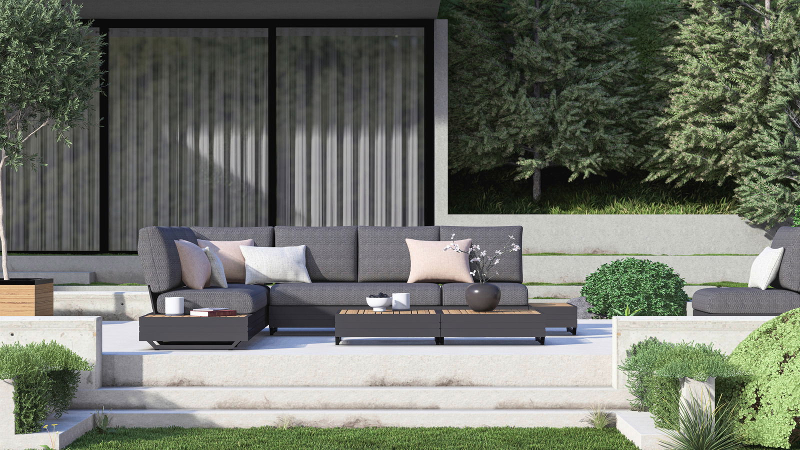 Moderne Gartenmöbel-Lounge mit grauem 3-Sitzer-Sofa, Kaffeetisch und Kissen, umgeben von grüner Landschaft, frontale Perspektive