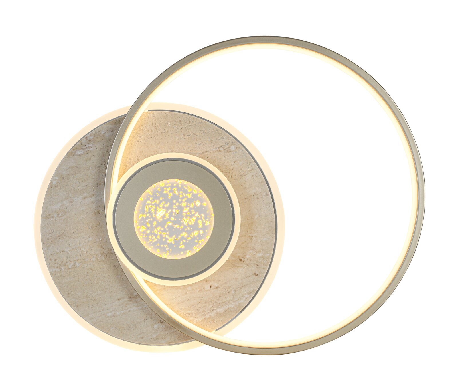 Moderne LED-Wandleuchte/Deckenleuchte mit überlappenden runden Ringen in Gold/Beige-Optik, warmweiß leuchtend, Draufsicht auf das Produkt vor weißem Hintergrund