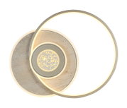 Moderne LED-Wandleuchte/Deckenleuchte mit überlappenden runden Ringen in Gold/Beige-Optik, warmweiß leuchtend, Draufsicht auf das Produkt vor weißem Hintergrund