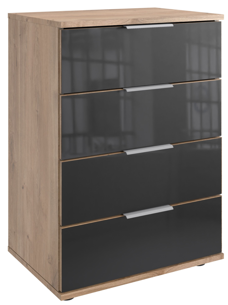 Z2 Nachtkommode SAIGON Nachtkommode mit vier Schubladen, Holzoptik und grauen Fronten, seitliche Perspektive