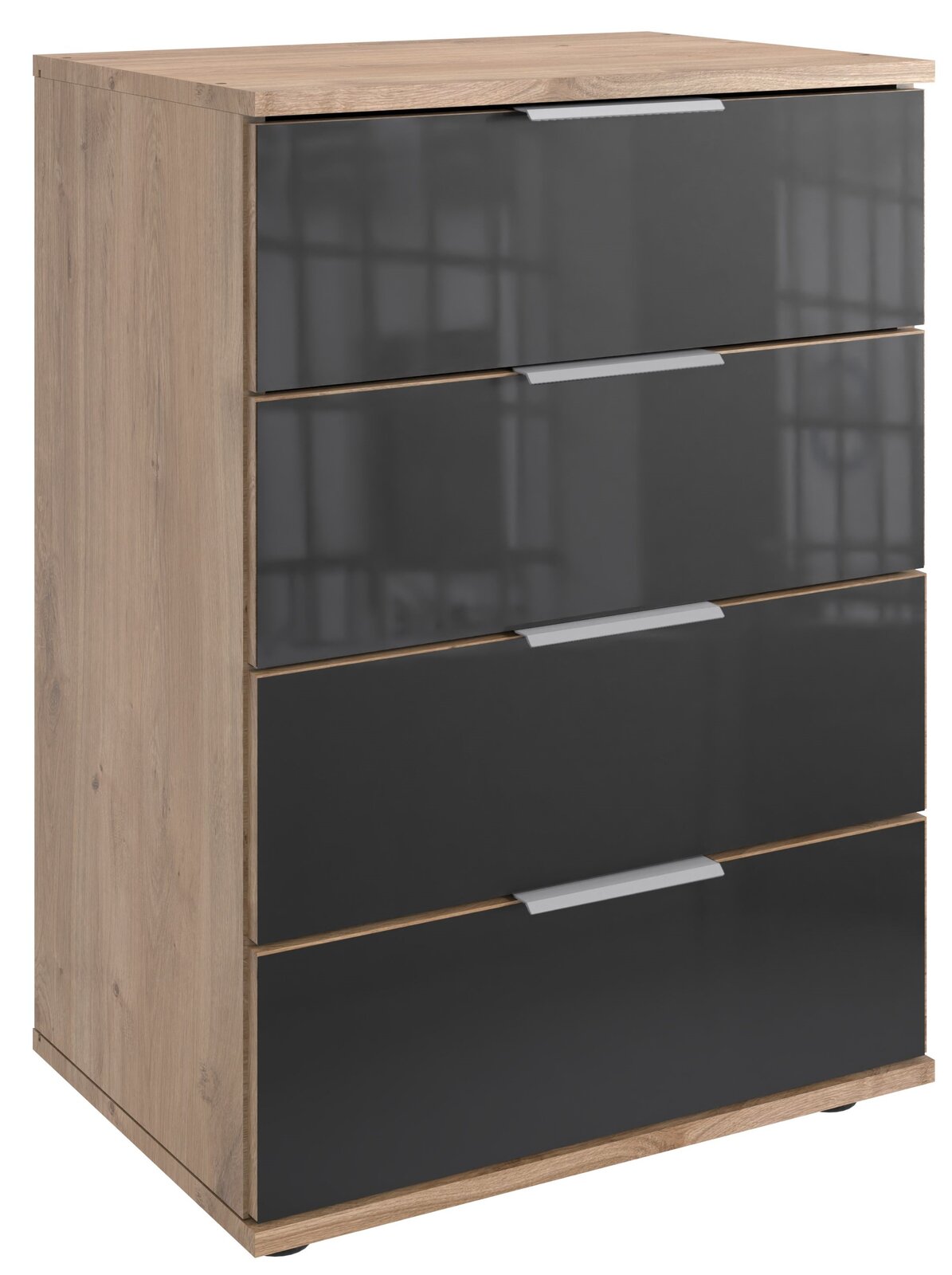 Z2 Nachtkommode SAIGON Nachtkommode mit vier Schubladen, Holzoptik und grauen Fronten, seitliche Perspektive