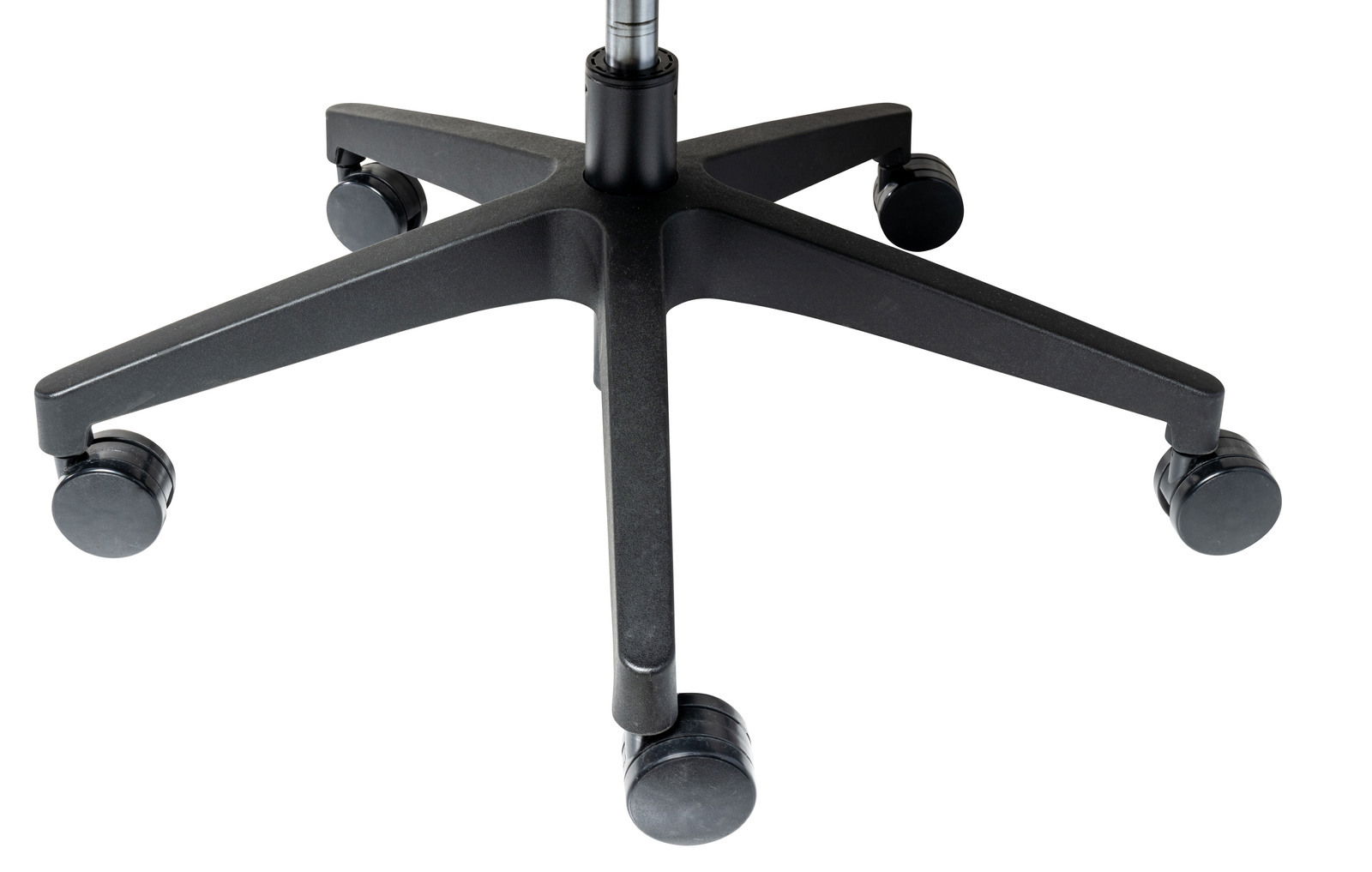 Nahaufnahme der Basis eines Drehstuhls mit fünf Rollen, von oben betrachtet.