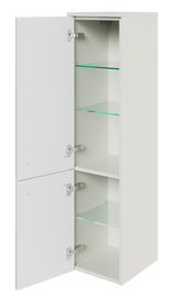 Weißer Midischrank mit zwei geöffneten Türen und Glasböden, seitliche Perspektive