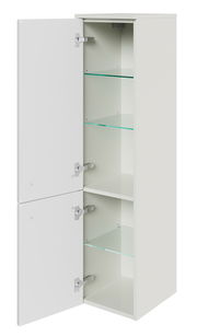 Weißer Midischrank mit zwei geöffneten Türen und Glasböden, seitliche Perspektive