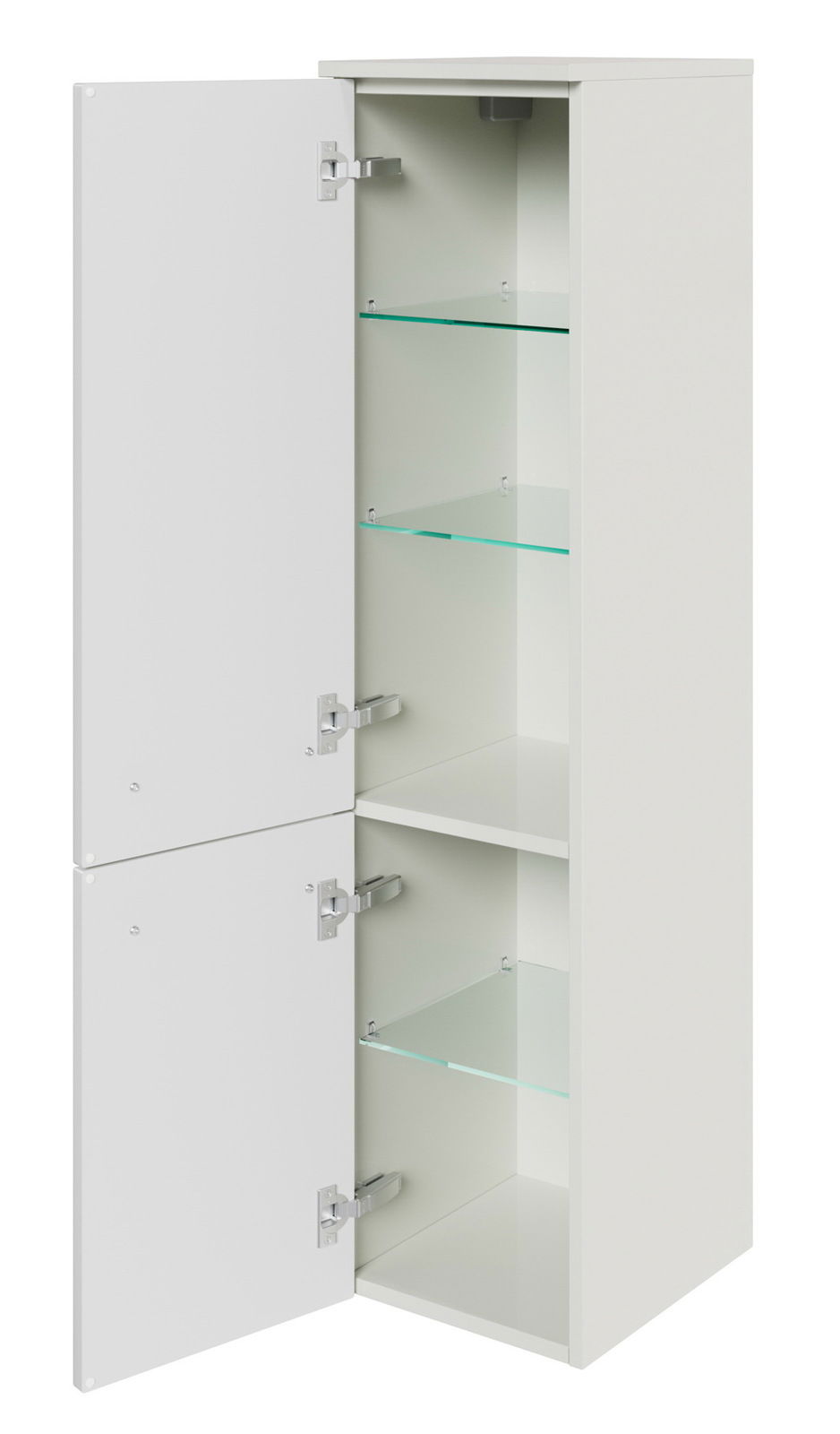 Weißer Midischrank mit zwei geöffneten Türen und Glasböden, seitliche Perspektive