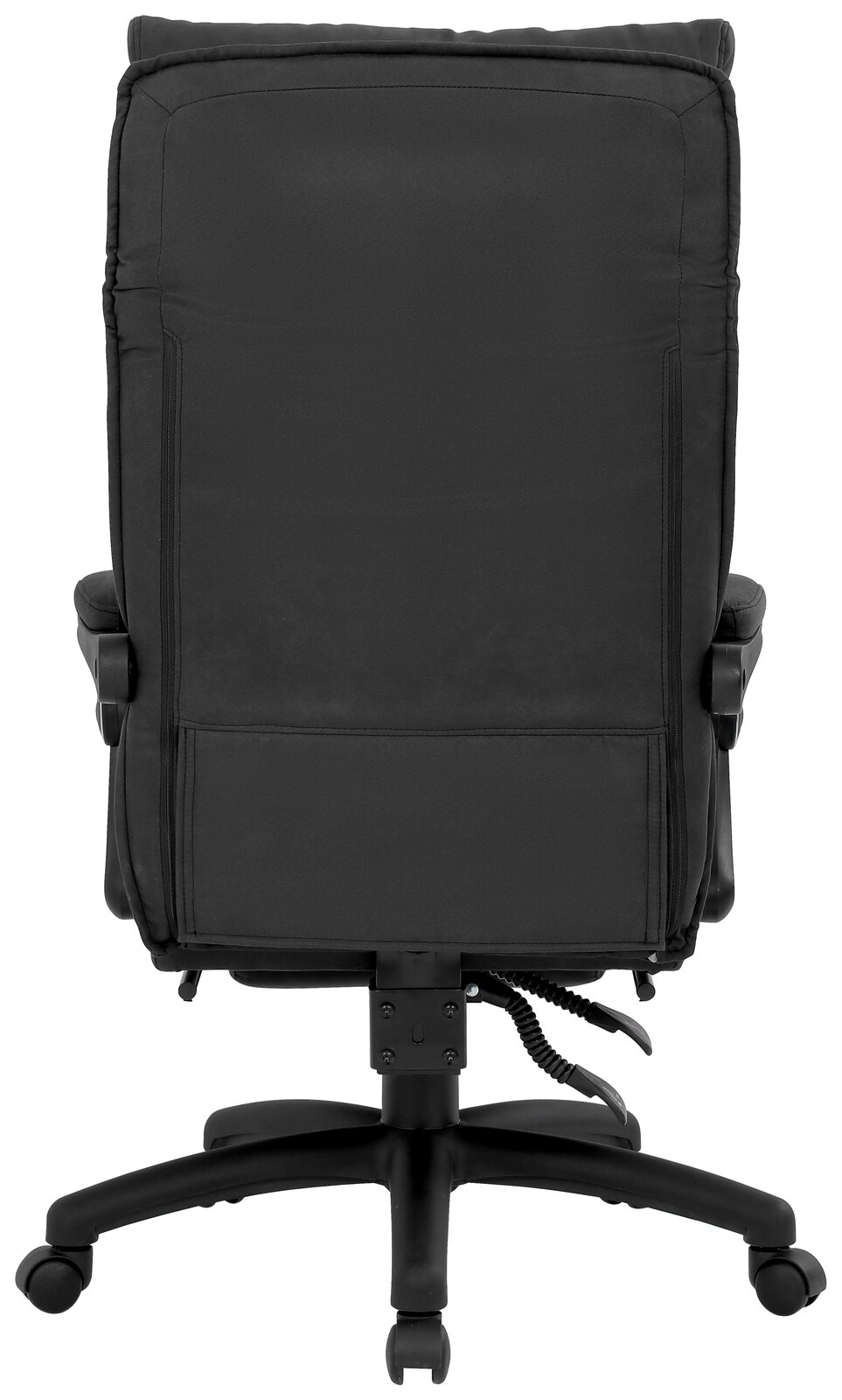 Rückansicht eines schwarzen Chefsessels mit Armlehnen und Rollen
