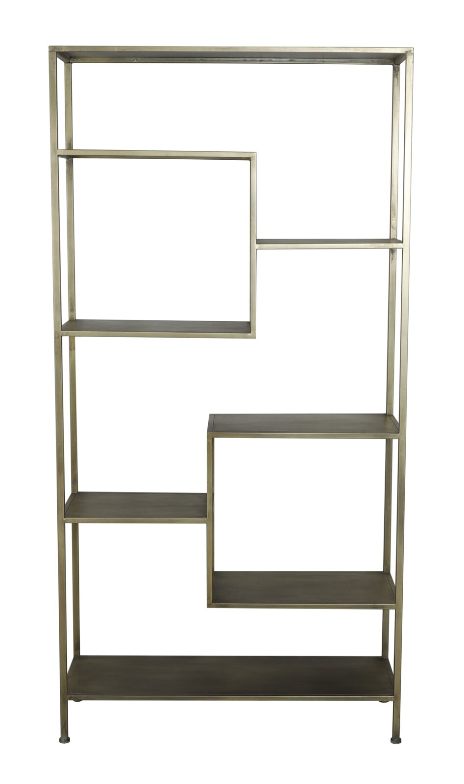 Metalen rek met een open ontwerp en asymmetrische planken, gezien vanaf de voorkant.