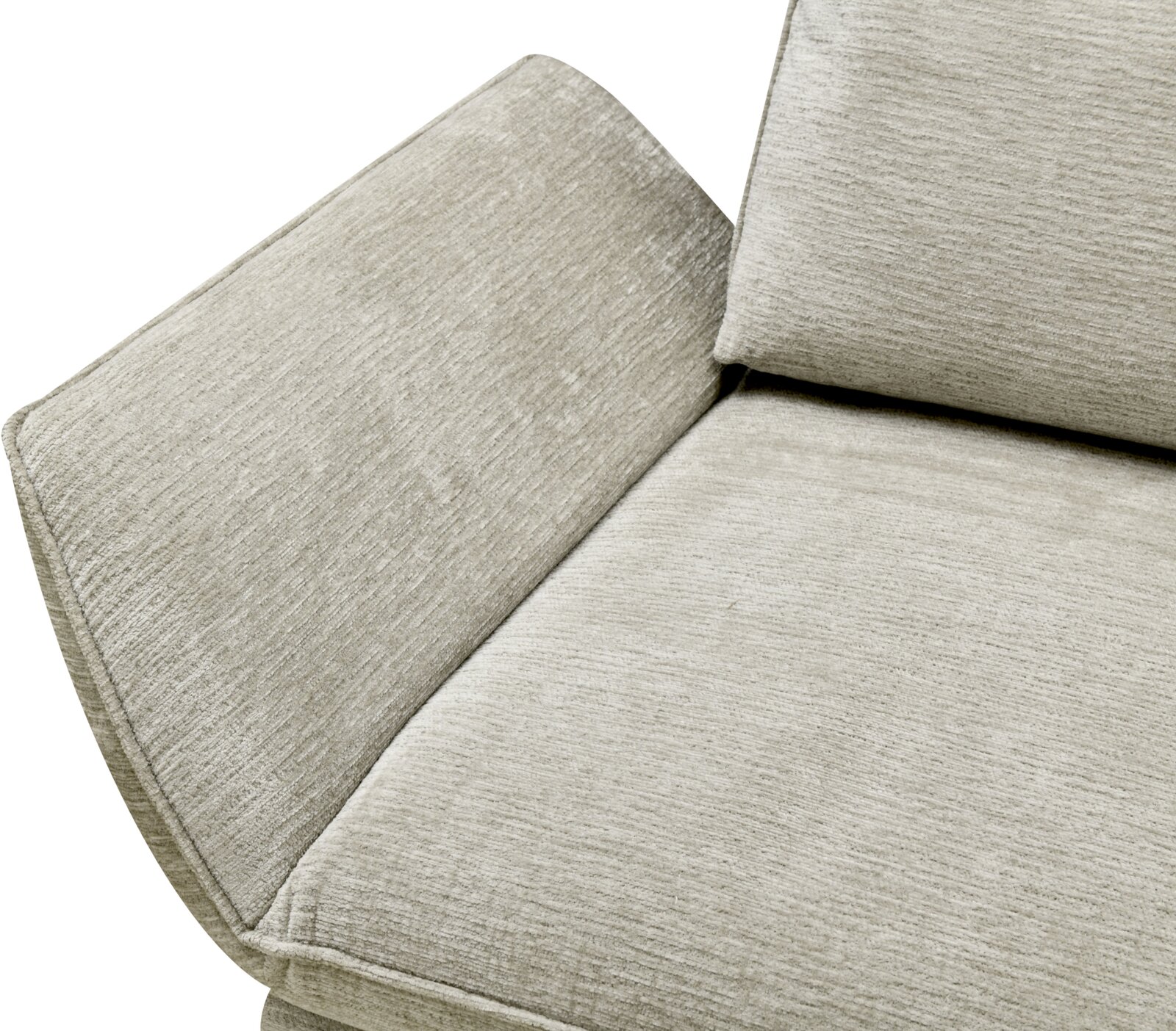 Close-up van een beige ligstoel met zachte bekleding en een elegante textuur, gezien van bovenaf.