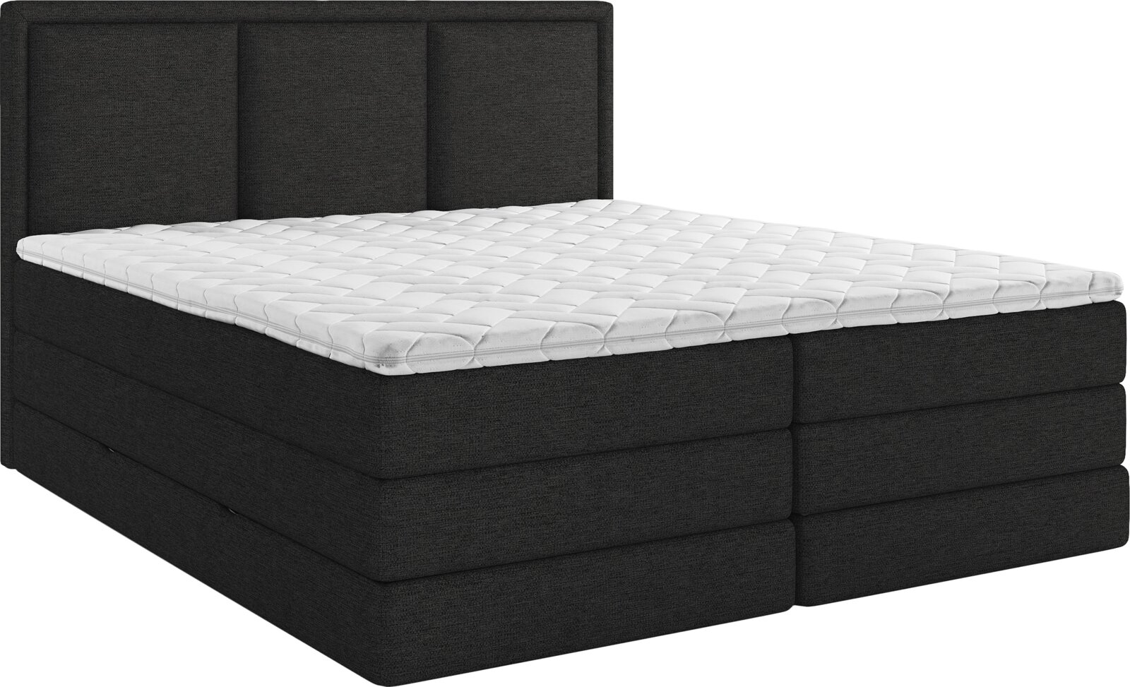 Donkergrijs gestoffeerd tweepersoons boxspringbed met hoog, verticaal gestikt hoofdbord en witte gewatteerde topmatras, schuin van voren weergegeven.
