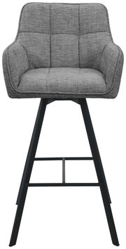 Grauer Barhocker mit gepolsterter Sitzfläche und Rückenlehne, schwarzes Metallgestell, Frontalansicht