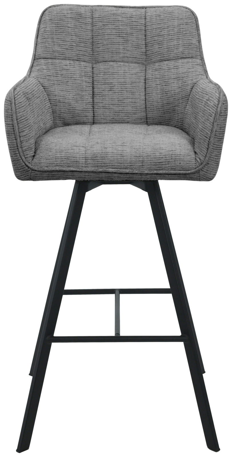 Grauer Barhocker mit gepolsterter Sitzfläche und Rückenlehne, schwarzes Metallgestell, Frontalansicht