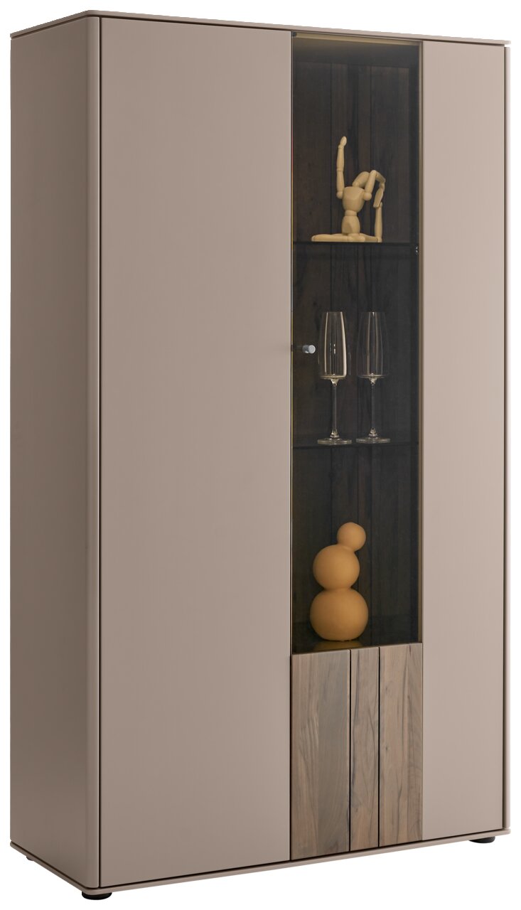 Modernes Highboard mit Glastür, dekorativen Elementen und Holzdetails, seitliche Perspektive