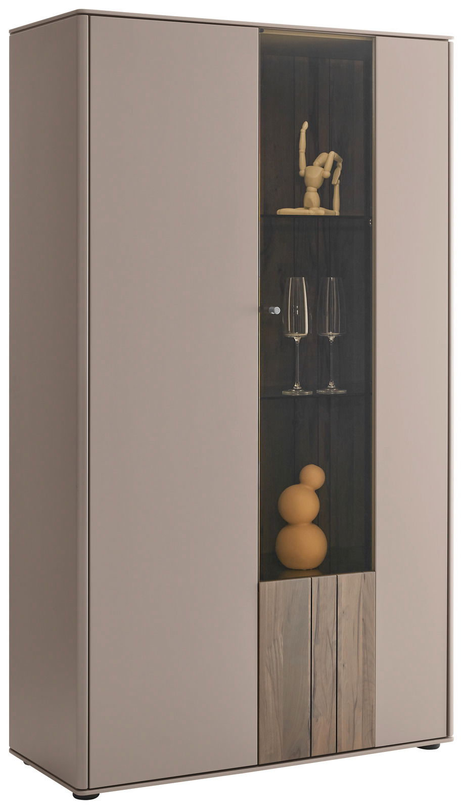 Modernes Highboard mit Glastür, dekorativen Elementen und Holzdetails, seitliche Perspektive