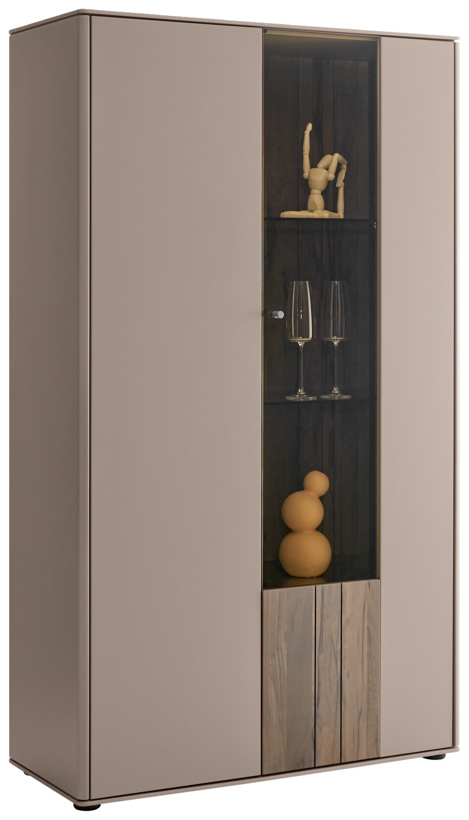 Johann Jakob Hoogkast LANDO Modern hoogkastje met glazen deur, decoratieve elementen en houten details, zijaanzicht