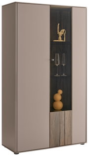 Modernes Highboard mit Glastür, dekorativen Elementen und Holzdetails, seitliche Perspektive
