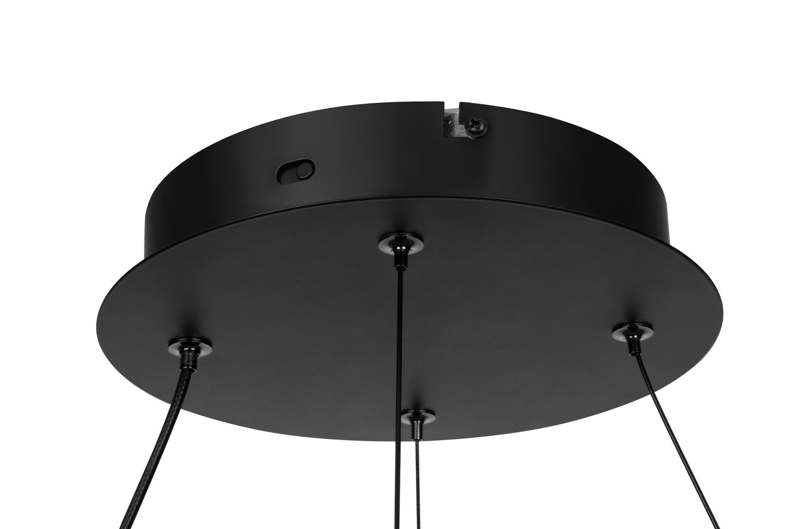 Schwarze LED-Hängeleuchte von unten betrachtet, mit runder Deckenhalterung und mehreren Kabeln.