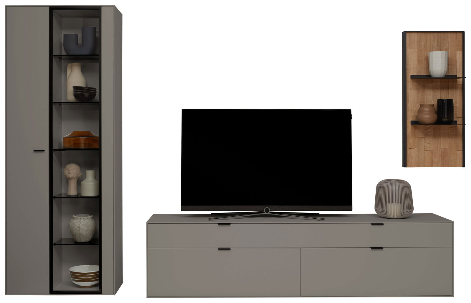 Moderne Wandkombination mit grauem Schrank, TV-Möbel und Regal, frontal betrachtet.