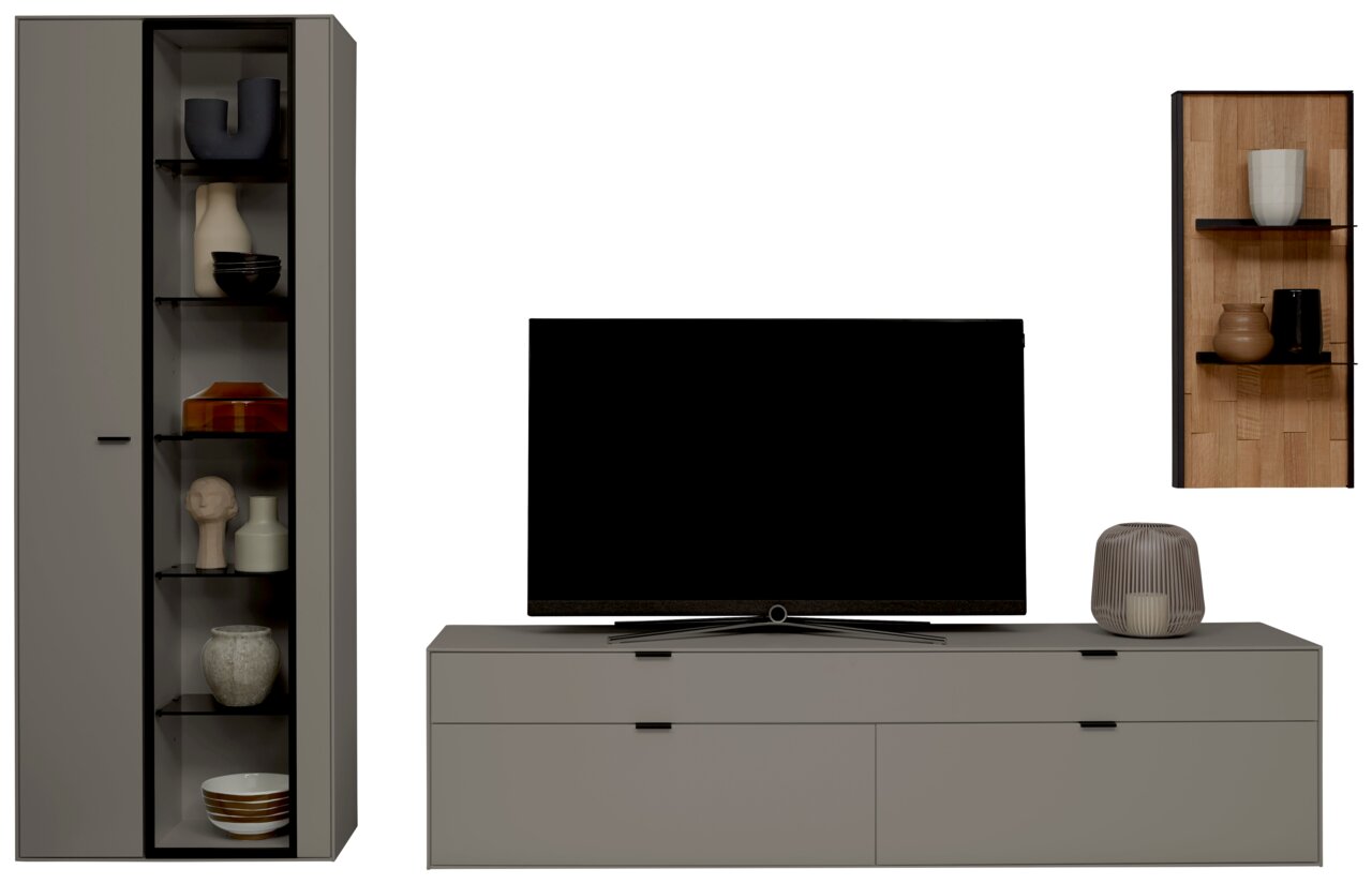 Moderne Wandkombination mit grauem Schrank, TV-Möbel und Regal, frontal betrachtet.