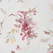 Abstraktes Aquarell-Blumenmuster in Rosa-, Grün- und Beigetönen auf hellem, leinenartigem Hintergrund, Frontalansicht von oben