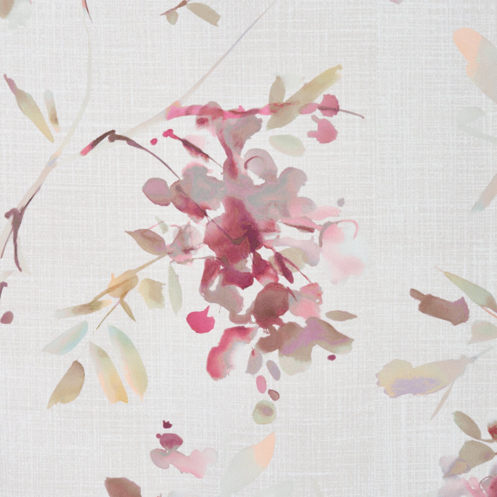 Abstraktes Aquarell-Blumenmuster in Rosa-, Grün- und Beigetönen auf hellem, leinenartigem Hintergrund, Frontalansicht von oben
