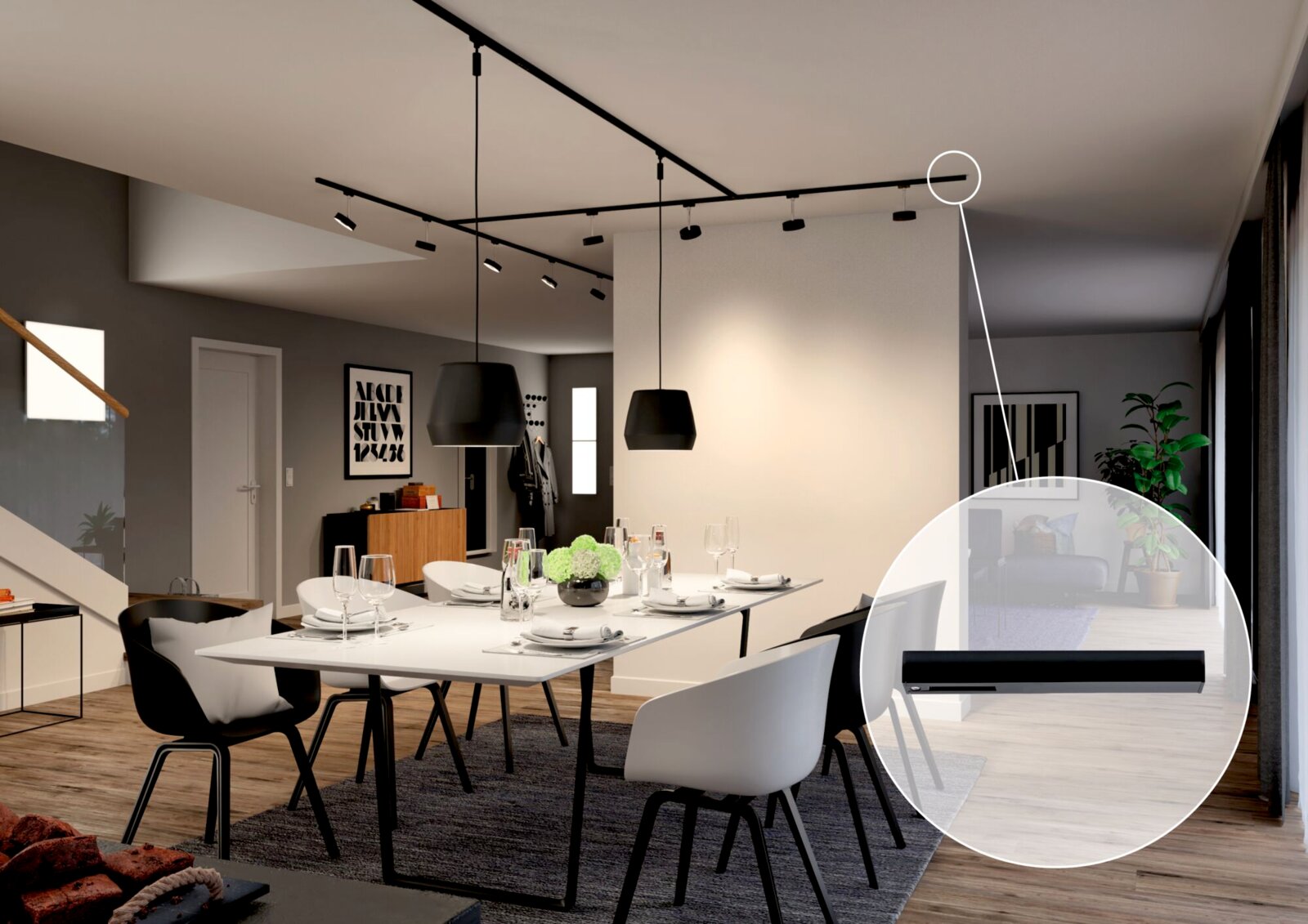 Moderne Stromeinspeisung in einem stilvollen Esszimmer, Deckenperspektive