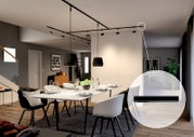 Moderne Stromeinspeisung in einem stilvollen Esszimmer, Deckenperspektive