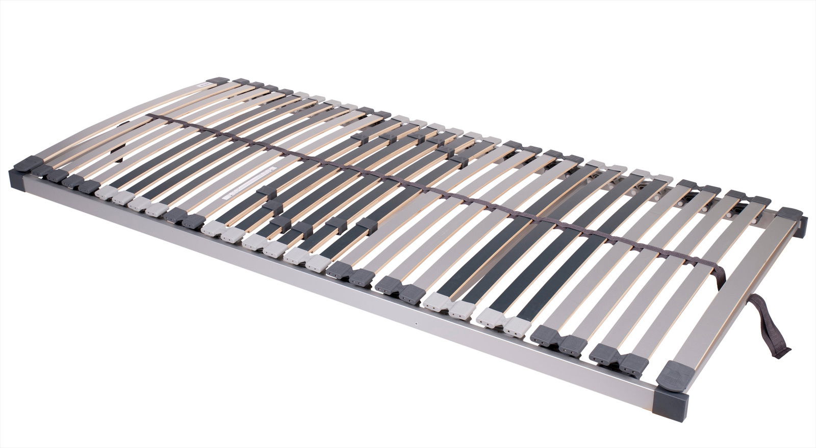 Lattenrost 90 x 200 cm in schräger Perspektive, mit verstellbaren Leisten und stabiler Rahmenkonstruktion.