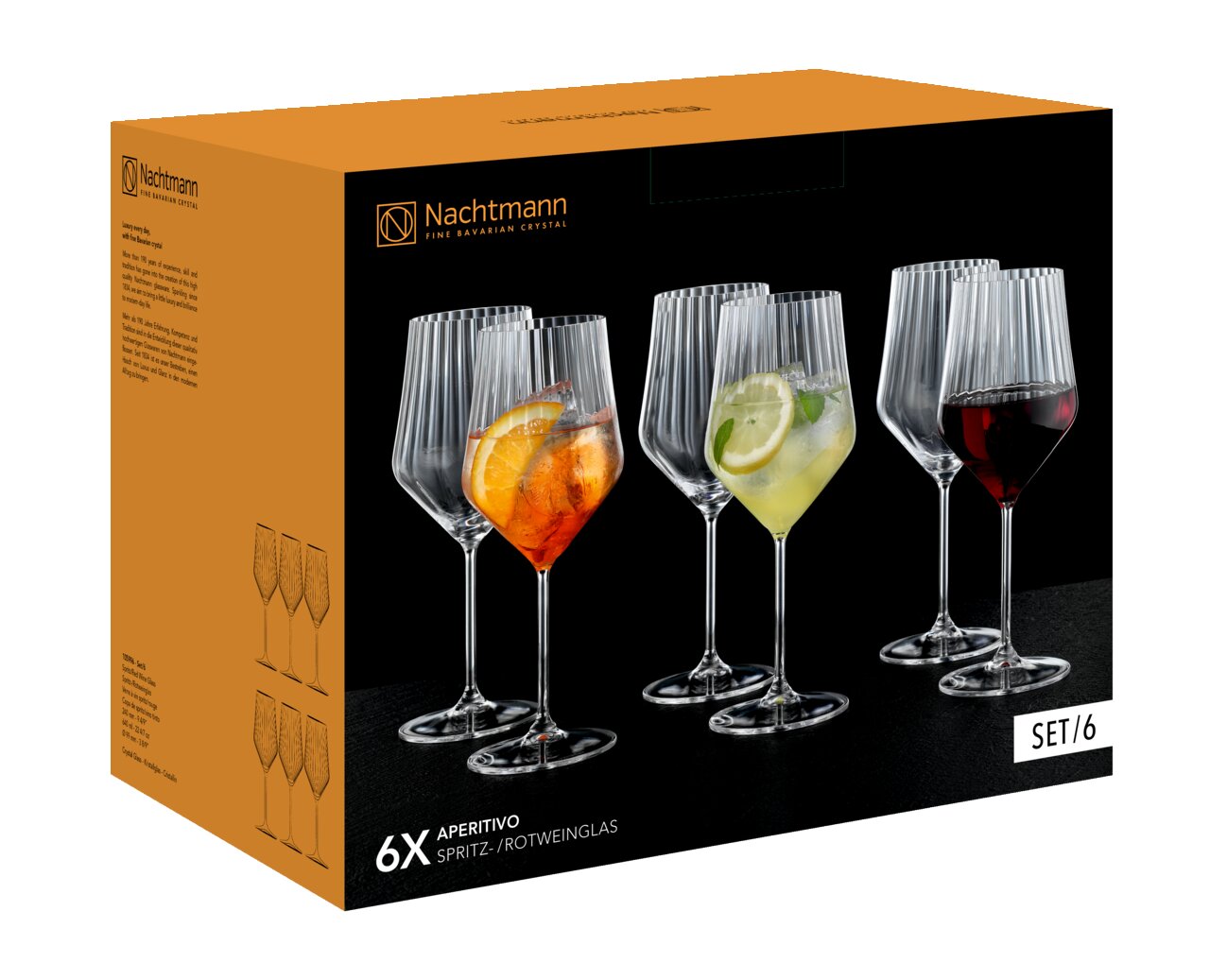 Verpakking van een 6-delige set champagne- en rodewijnglazen van Nachtmann, afgebeeld van voren met gevulde glazen.
