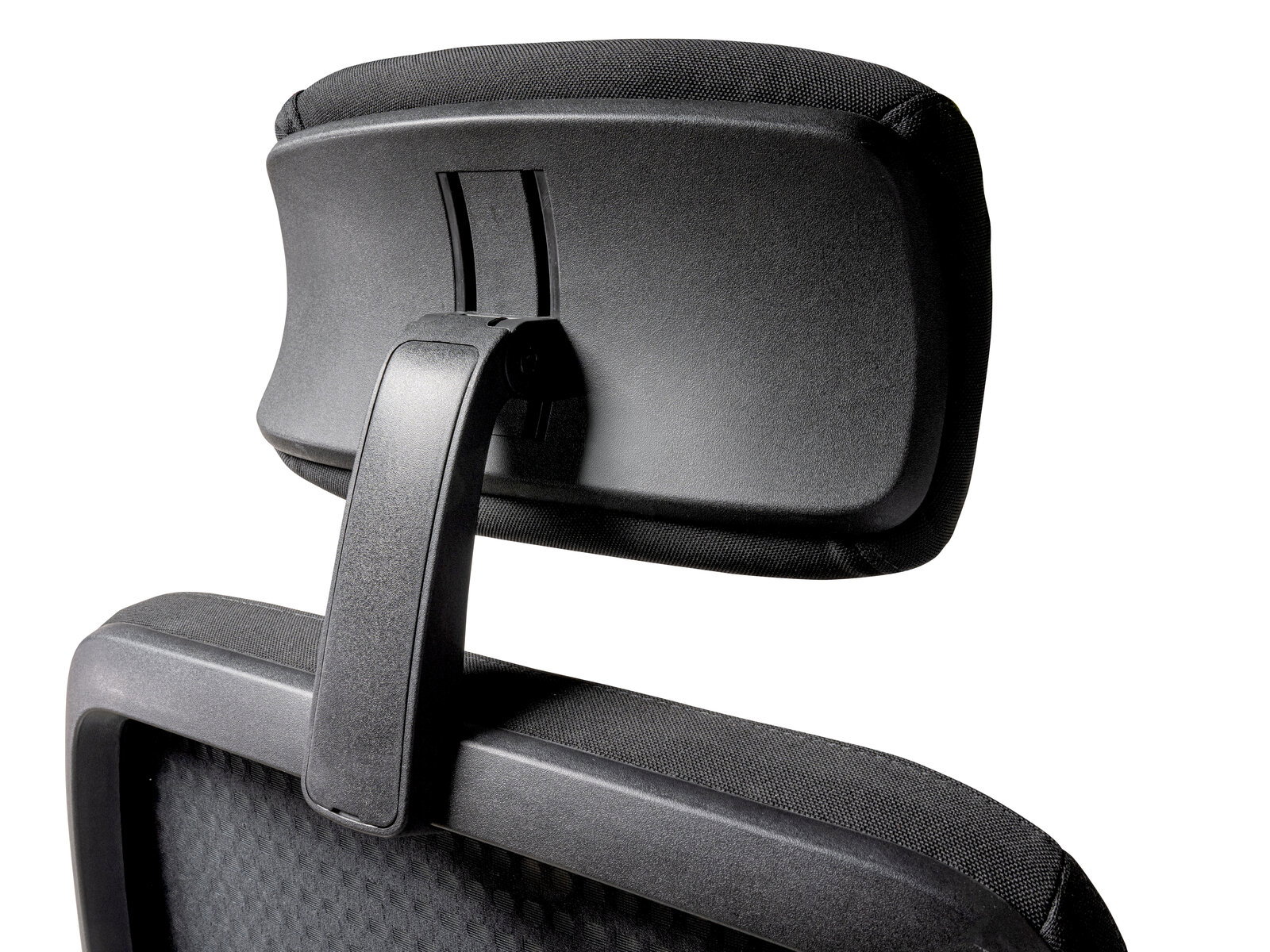 Rückansicht einer schwarzen Kopfstütze eines Chefsessels mit verstellbarer Halterung