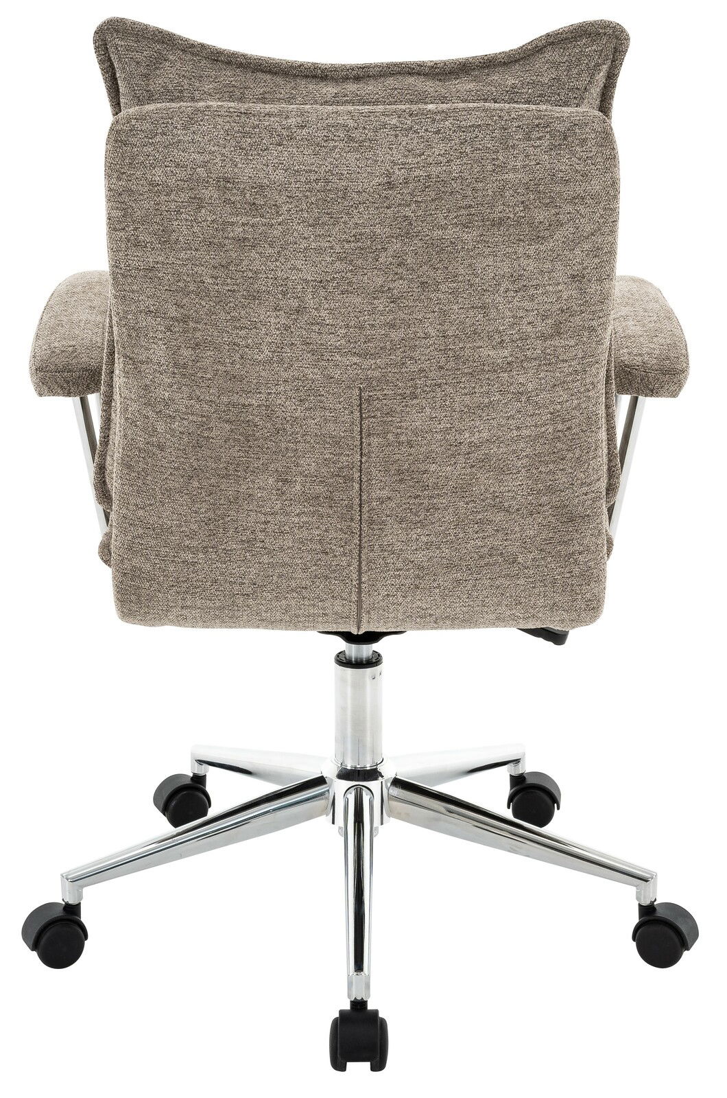 Rückansicht eines Home Office Drehstuhls mit grauem Stoffbezug und verchromtem Fußkreuz auf Rollen.