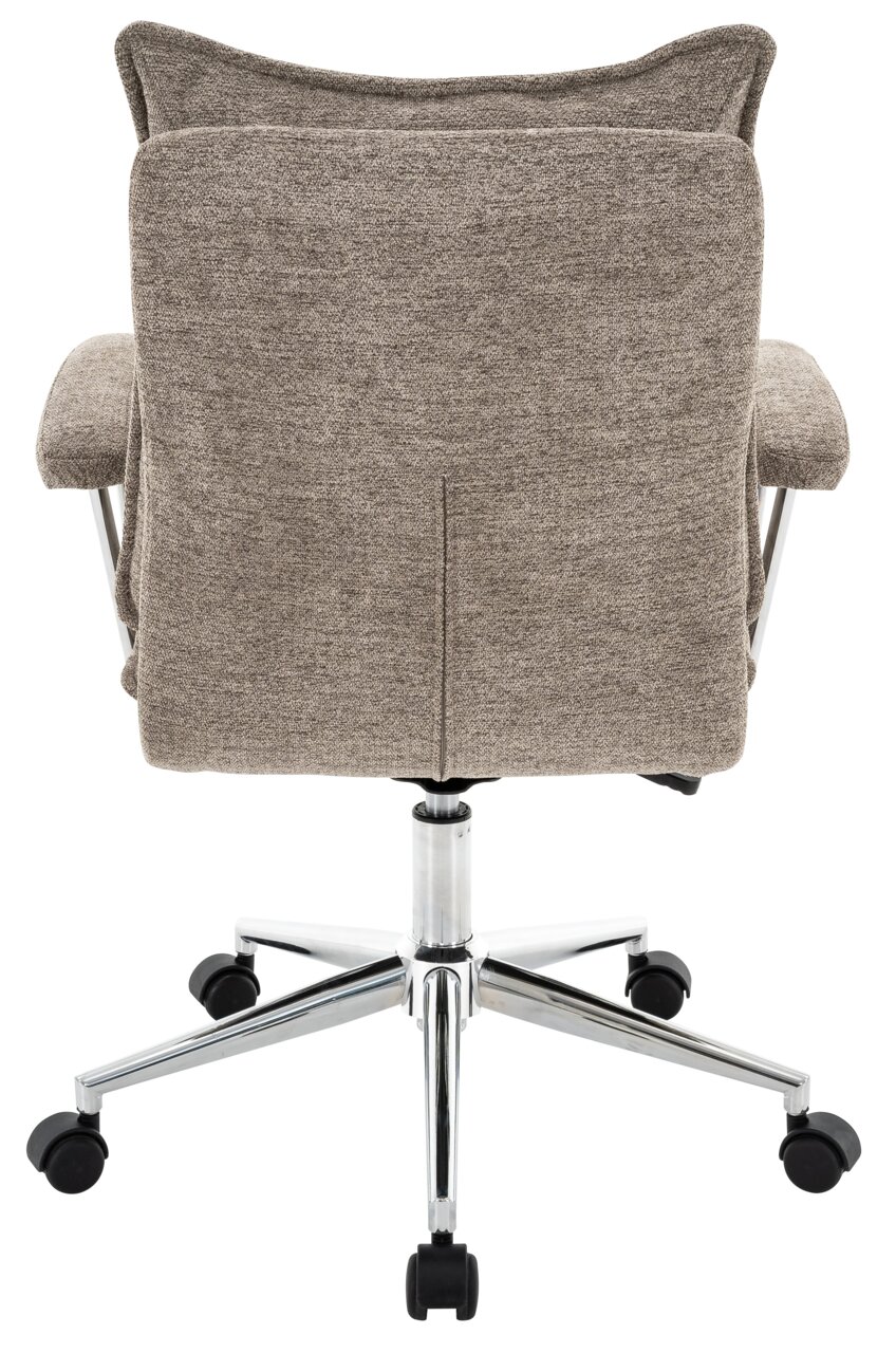 Rückansicht eines Home Office Drehstuhls mit grauem Stoffbezug und verchromtem Fußkreuz auf Rollen.