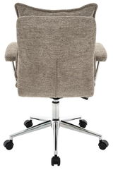 Rückansicht eines Home Office Drehstuhls mit grauem Stoffbezug und verchromtem Fußkreuz auf Rollen.